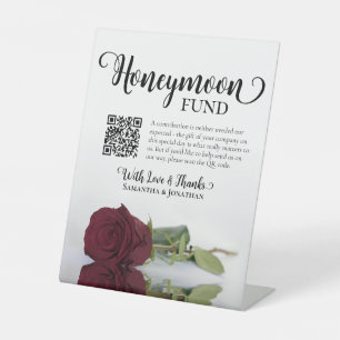 Elegant Burgundy Rose Honeymoon Fund QR Code Pedestal Sign