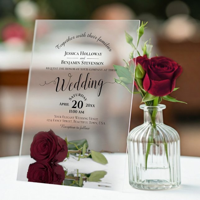 Elegant Burgundy Rose Lacy Calligraphy Wedding Acrylic Invitations (Frosted with Rectangle Cut)