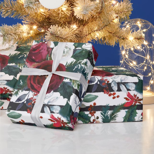 Elegant Burgundy Rose Large Stripe Christmas Wrapping Paper (Holidays)