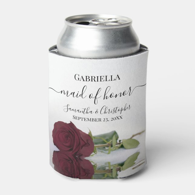 Elegant Burgundy Rose Maid of Honour Wedding Can Cooler (Can Front)