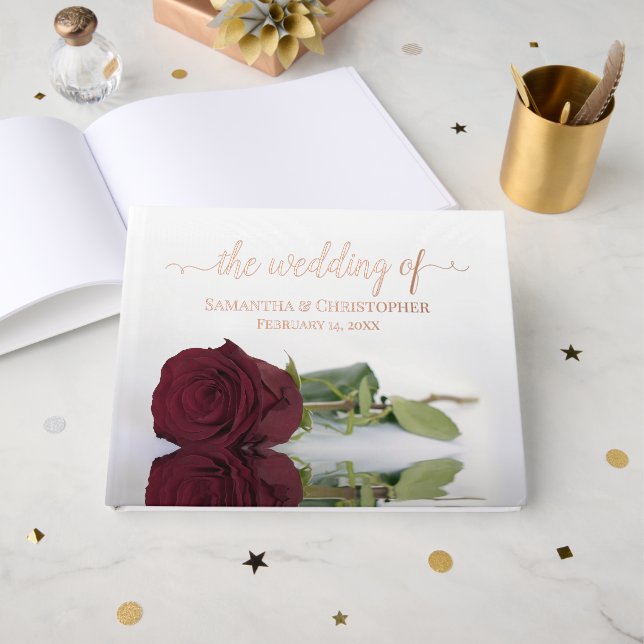 Elegant Burgundy Rose Medium Wedding Foil Guest Book (Front Open)