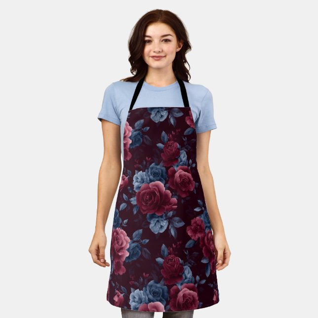 Elegant Burgundy Rose Navy Floral Pattern Apron (Worn)