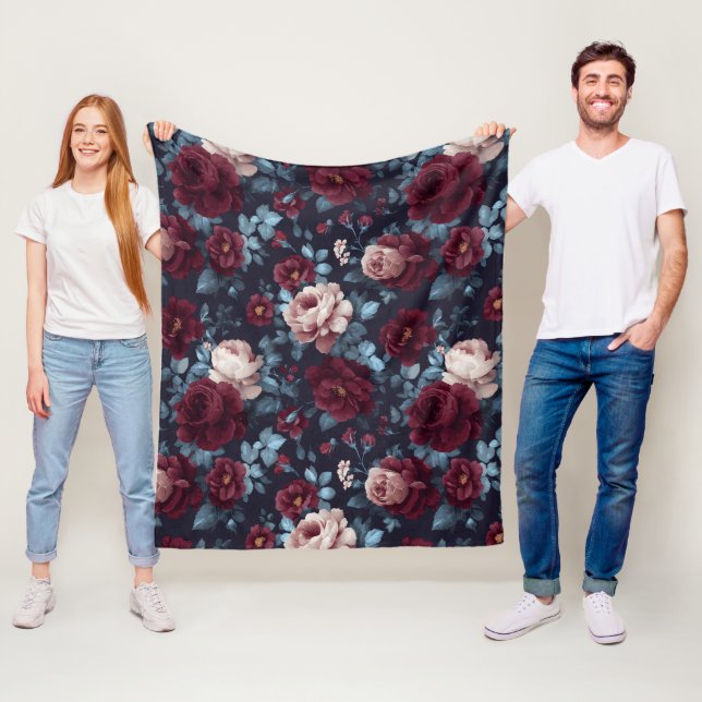 Elegant Burgundy Rose Navy Floral Pattern Fleece Blanket (In Situ)