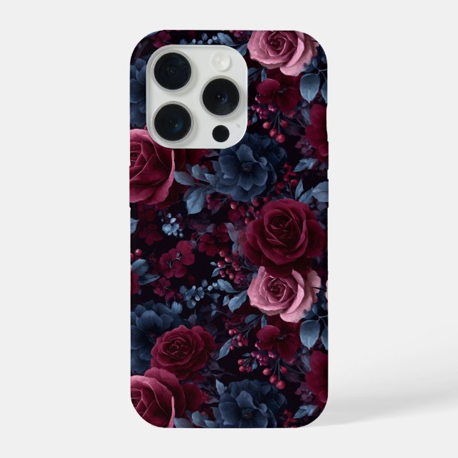 Elegant Burgundy Rose Navy Floral Pattern iPhone Case (Back)