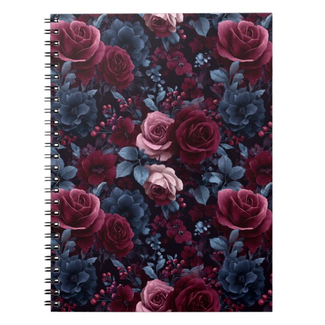Elegant Burgundy Rose Navy Floral Pattern Notebook (Front)