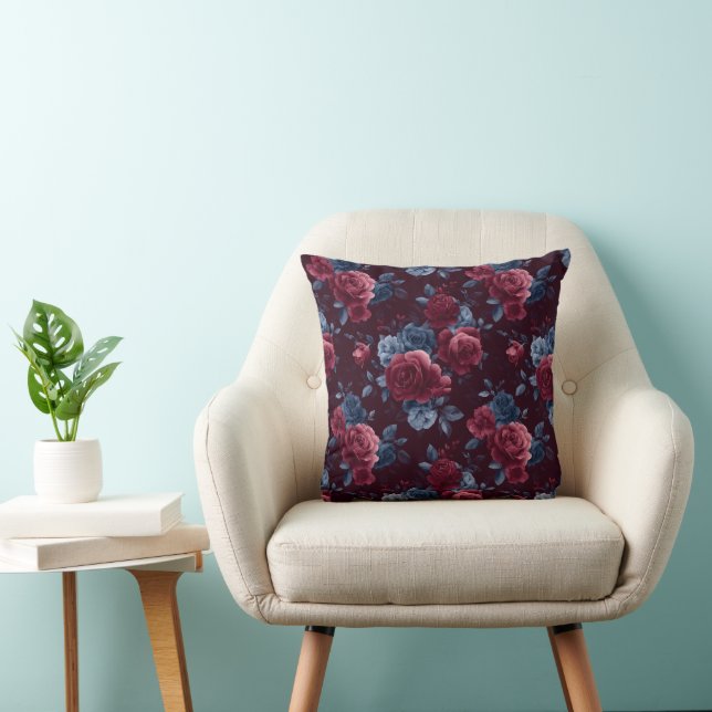 Elegant Burgundy Rose Navy Floral Pattern Throw Pillow (Chair)