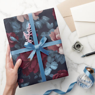 Elegant Burgundy Rose Navy Floral Pattern Wrapping Paper