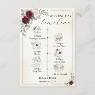 Elegant Burgundy Rose Simple Wedding Day Timeline Enclosure Card