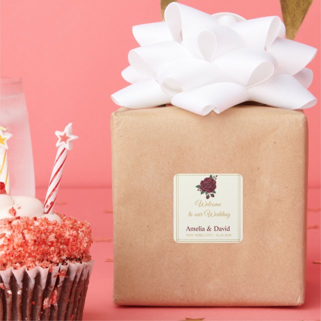 Elegant Burgundy Rose Welcome Bag Label Sticker (Party)