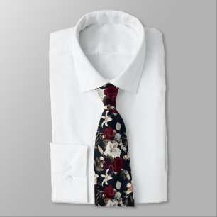 Elegant Burgundy Rose White Lily Floral Pattern Tie