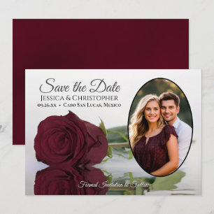 Elegant Burgundy Rose with Oval Photo Wedding Save The Date