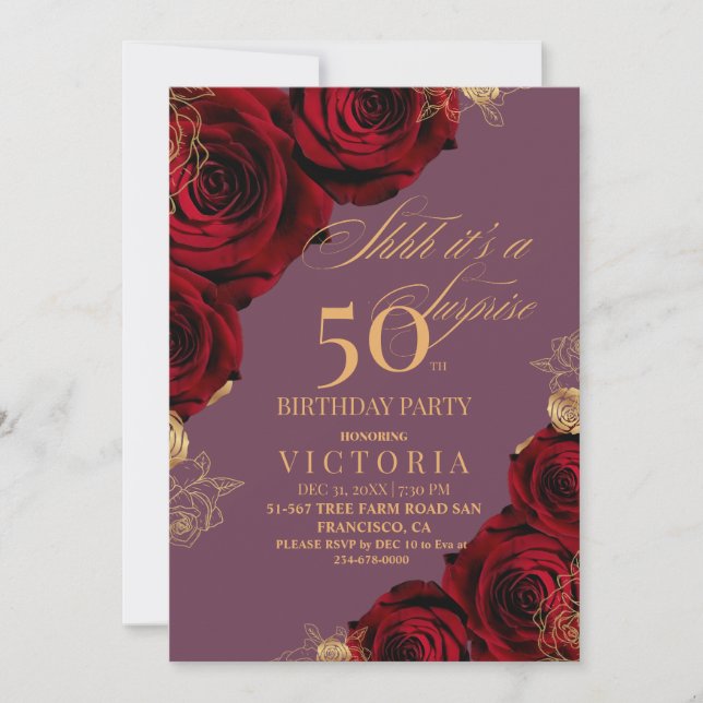 Elegant Burgundy Roses 50th Birthday Invitation (Front)