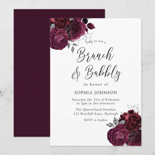 Elegant Burgundy Roses Brunch & Bubbly Bridal Invitation (Front/Back)
