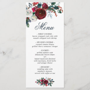 Elegant  Burgundy Roses Winter Greenery Wedding Menu