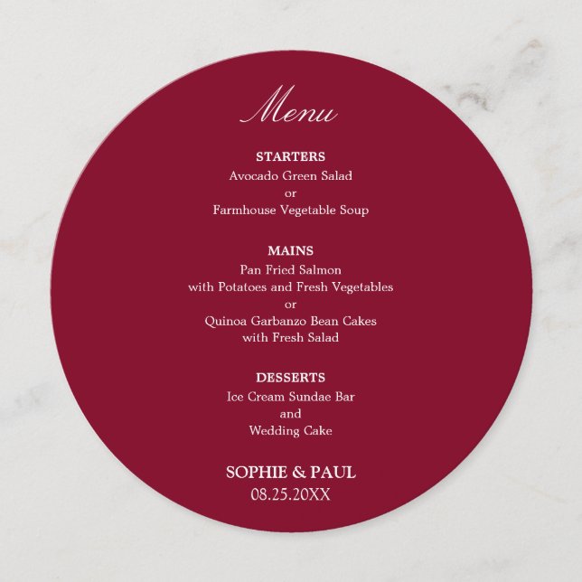 Elegant Burgundy Round Wedding Menu (Front)