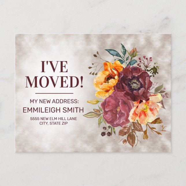 Elegant Burgundy Rust Orange Floral Change Address Announcement Postcard (Front)