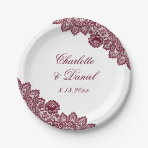 Elegant Burgundy Rustic Floral Lace Wedding Paper Plate