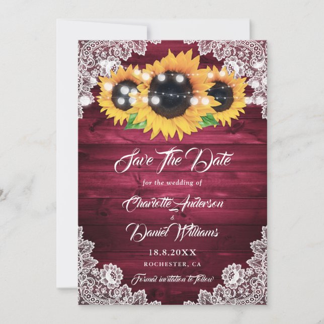 Elegant Burgundy Rustic Wood Lace Sunflower Save The Date (Front)