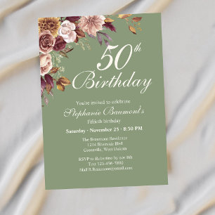 Elegant Burgundy Sage Floral Corner 50th Birthday Invitation