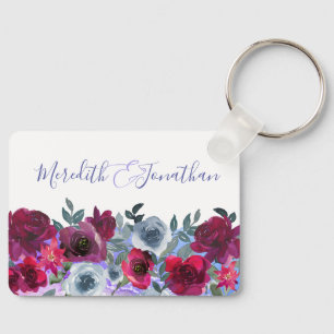Elegant Burgundy Sage Green Blue Floral Wedding Keychain