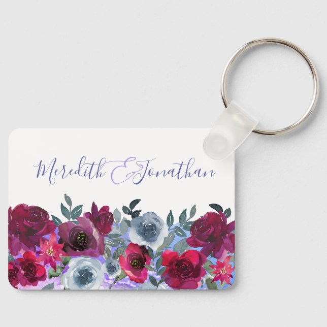 Elegant Burgundy Sage Green Blue Floral Wedding Keychain (Front)
