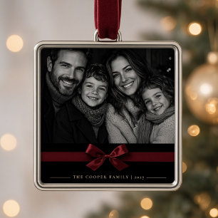 Elegant Burgundy Satin Bow Custom Family Photo  Metal Ornament