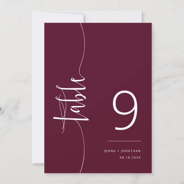 Elegant Burgundy Script Boho Wedding Table Number (Front)
