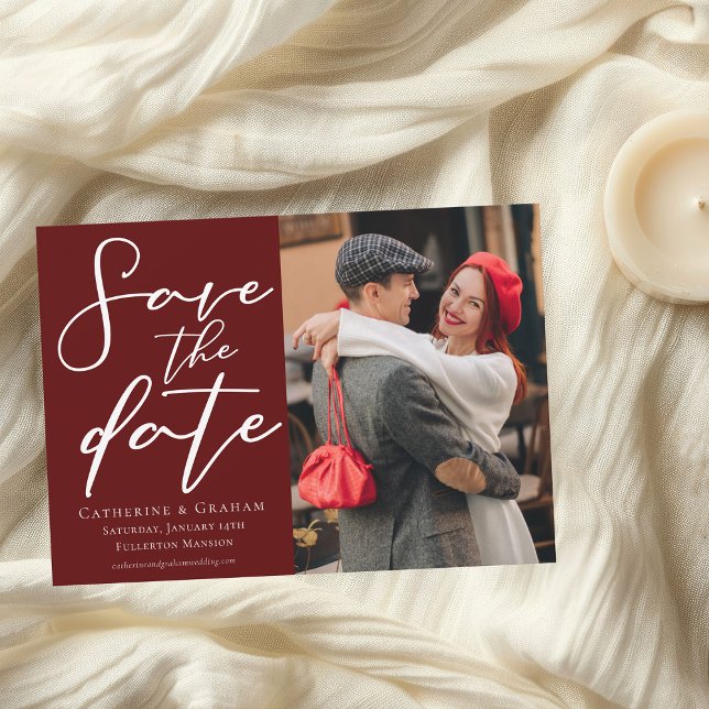 Elegant Burgundy Script Couple Photo Save The Date (Creator Uploaded)