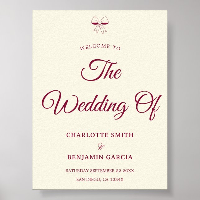 Elegant Burgundy Script Cream Ivory Bow Wedding Poster (Front)