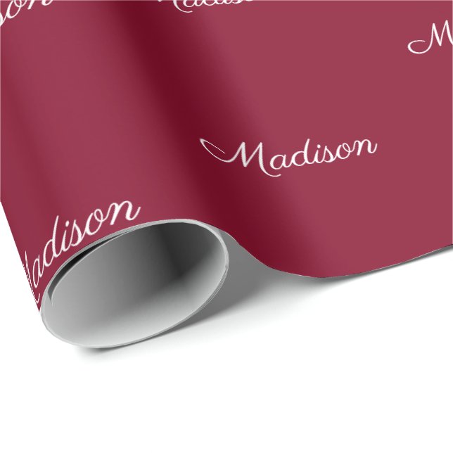 Elegant burgundy script custom name birthday wrapping paper (Roll Corner)