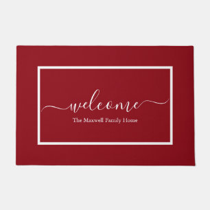 Elegant burgundy script family name welcome doormat