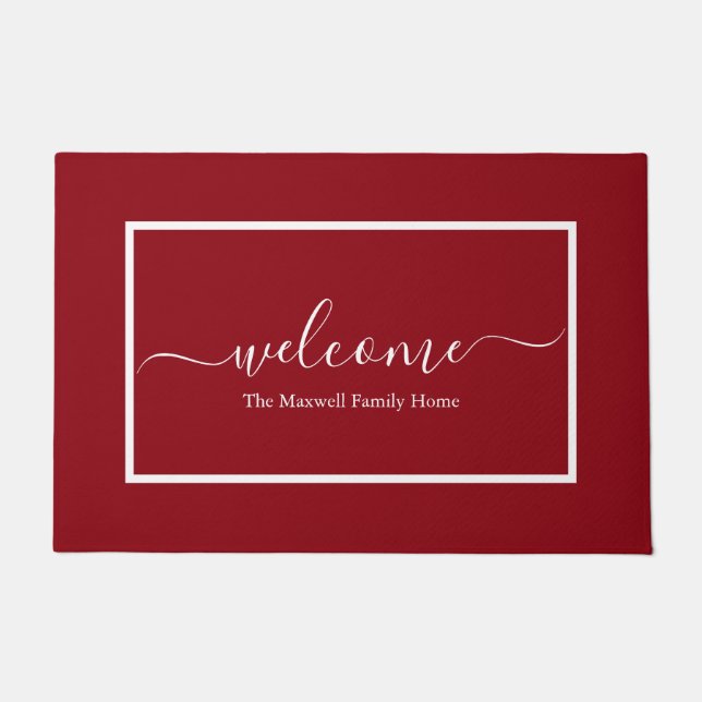 Elegant burgundy script family name welcome doormat (Front)
