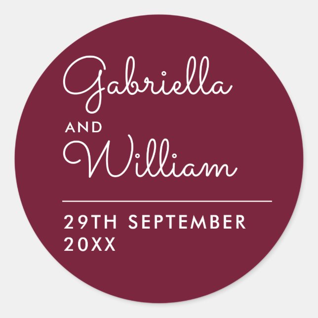 Elegant Burgundy Script Favour Classic Round Stick Classic Round Sticker (Front)