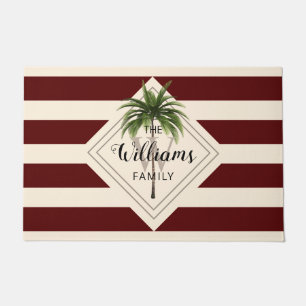 Elegant Burgundy Script Monogram Tropical Beach Doormat
