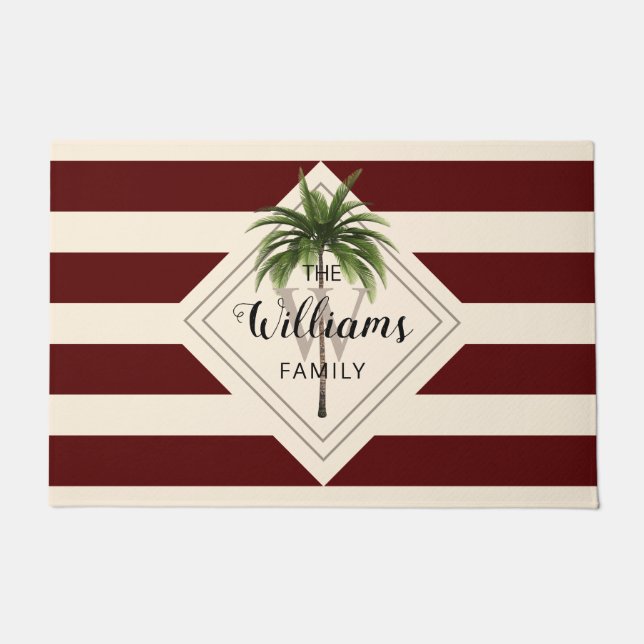 Elegant Burgundy Script Monogram Tropical Beach Doormat (Front)