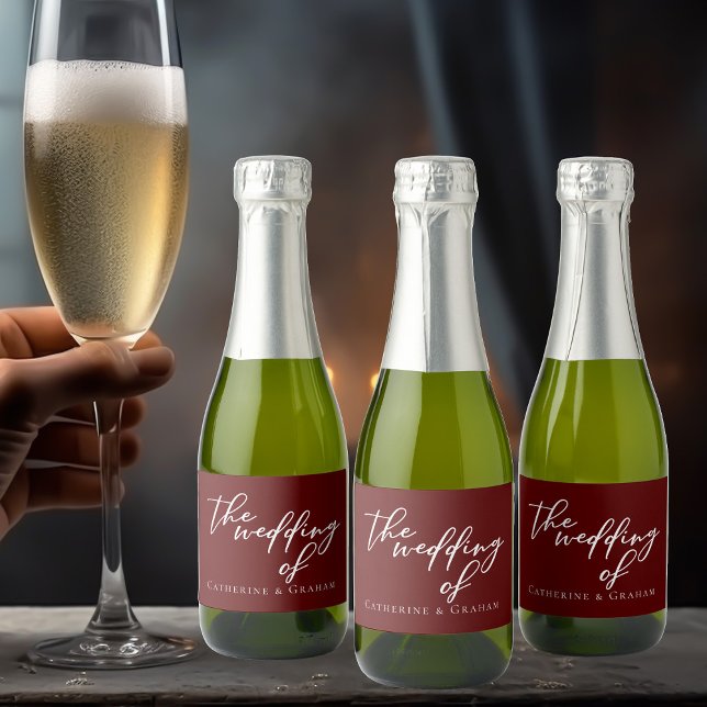 Elegant Burgundy Script Personalized Wedding Mini Sparkling Wine Label (Creator Uploaded)
