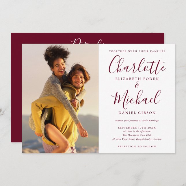 Elegant Burgundy Script Photo Wedding All In One Invitation (Front/Back)