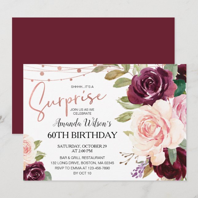 Elegant  Burgundy Script Surprise Birthday Party Invitation (Front/Back)