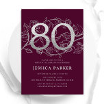Elegant Burgundy Silver 80th Birthday Invitation<br><div class="desc">Elegant burgundy silver 80th birthday party invitation. Customizable modern feminine design featuring roses botanical accents and faux glitter silver. Simple floral invite card perfect for a stylish female bday celebration. Personalize with your own details. Printed Zazzle invitations or instant download digital printable template.</div>