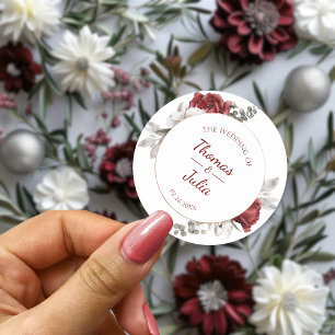 Elegant Burgundy & Silver Floral Wedding Classic Round Sticker