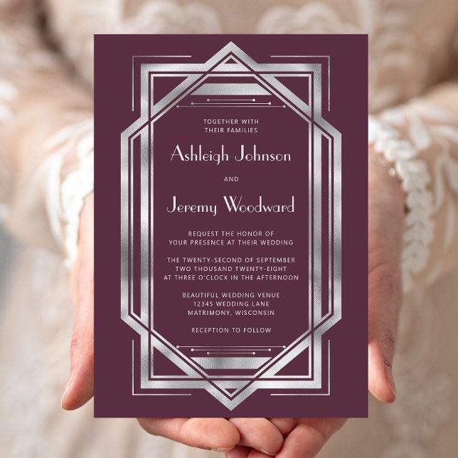 Elegant Burgundy Silver Vintage 1920s Deco Wedding Invitation (Creator Uploaded)