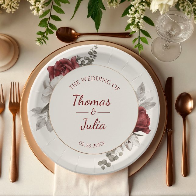 Elegant Burgundy & Silver Watercolor Wedding  Paper Plate (Elegant Burgundy & Silver Watercolor Wedding Paper Plates)