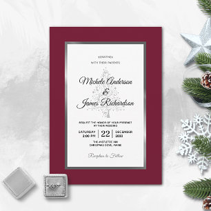 Elegant Burgundy Silver Winter Holiday Wedding Invitation