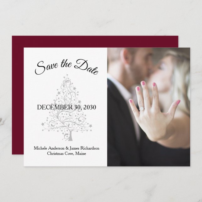 Elegant Burgundy Silver Winter Wedding Photo Save The Date (Front/Back)