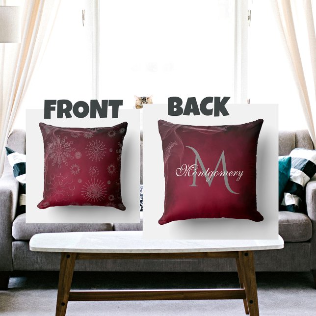 Elegant Burgundy Snowflake Monogram Throw Pillow (Creator Uploaded)