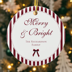 Elegant Burgundy Stripes Family Keepsake Christmas Ceramic Ornament