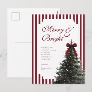 Elegant Burgundy Stripes Merry & Bright Christmas Holiday Postcard