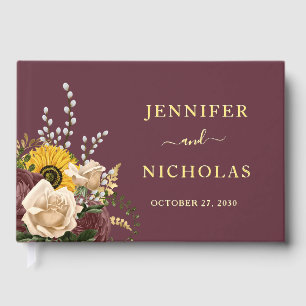 Elegant Burgundy Sunflower Wedding Gold Guest Book