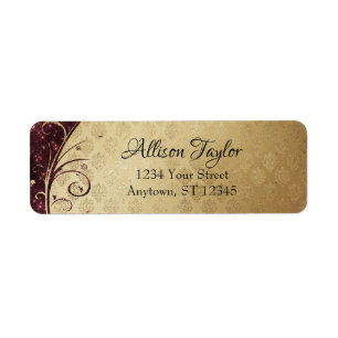 Elegant Burgundy Swirl Gold Damask Return Address