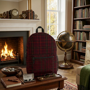 Elegant Burgundy Tartan Printed Backpack